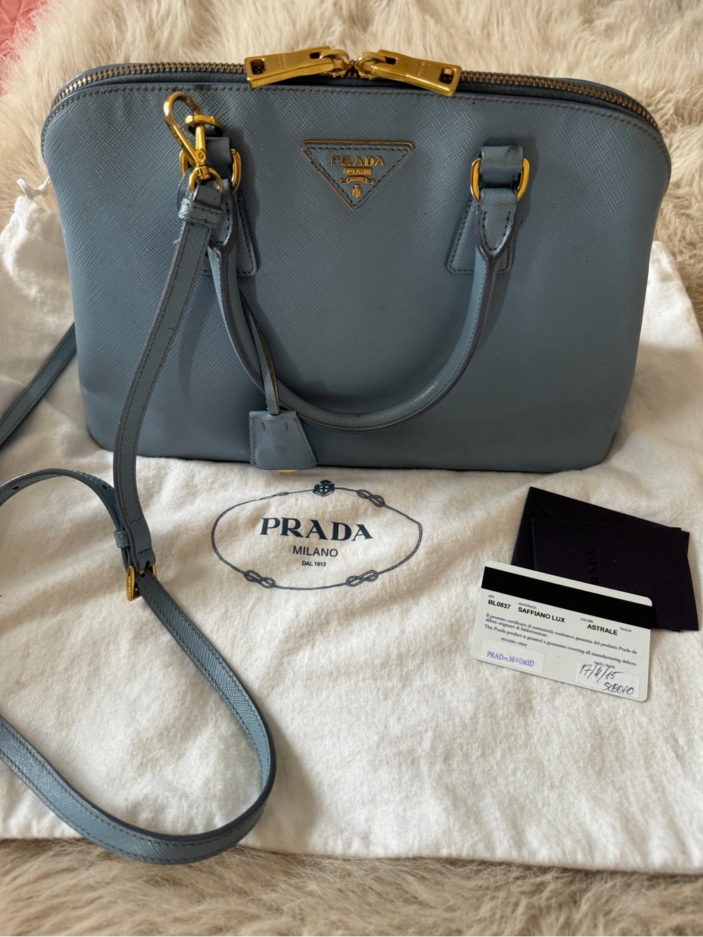Prada Light Blue Saffiano Leather Satchel with Gold Hardware